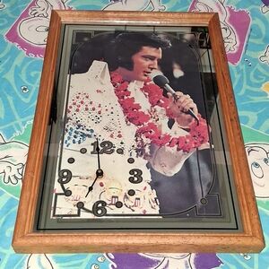 70s Elvis Glass Mirror Clock Vintage Presley Blue Hawaii
